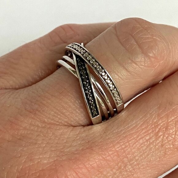 Sterling Silver 925 Black White Diamond Crossover Multi Band Ring Sz 6.5 - Picture 12 of 16